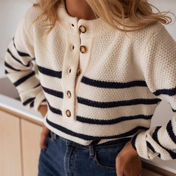 Striped Beige and Black Button-Up Sweater - Picture 1 of 5